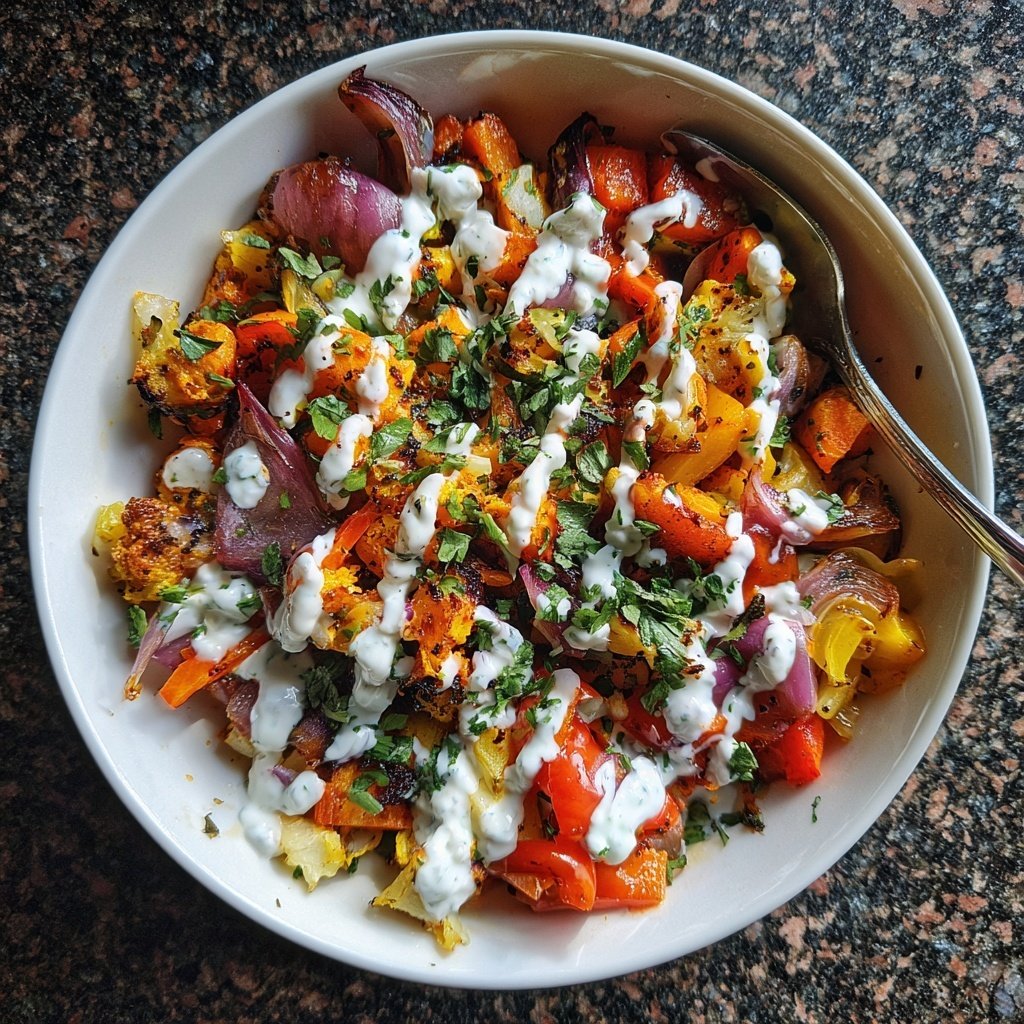 Abendessen mit Ofengemüse und Kräuterjoghurt