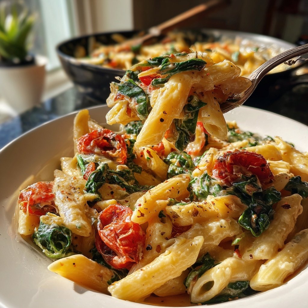 One-Pot Pasta mit Tomaten & Spinat